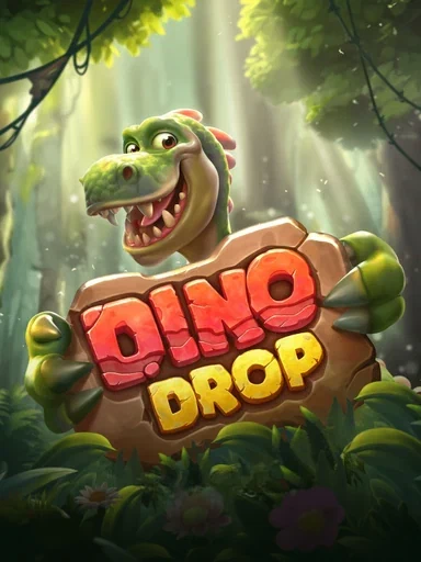 Dinosaurio verde con un cartel entre la vegetación en Dino Drop.