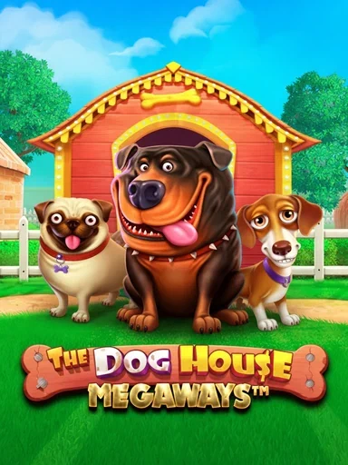 Tres perros frente a una caseta en The Dog House Megaways.