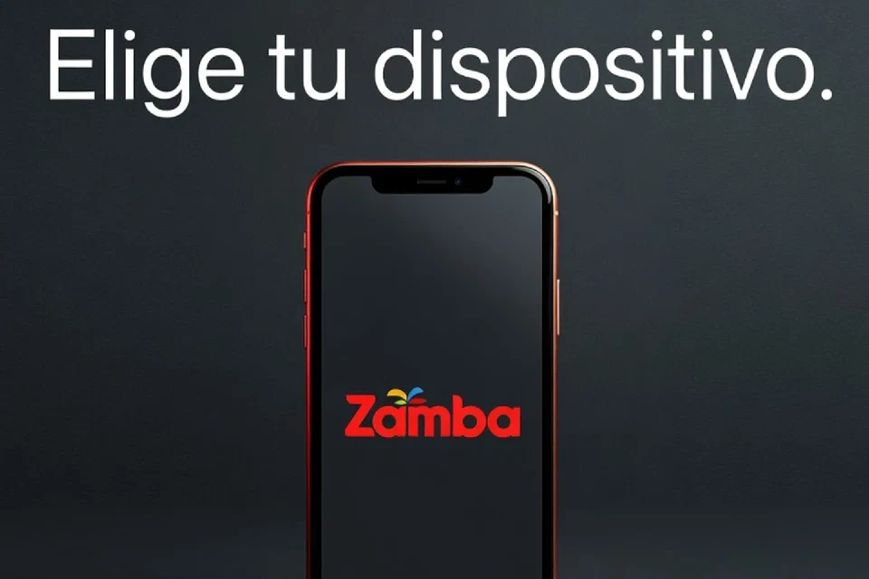 Teléfono con pantalla oscura y símbolo rojo de Zamba junto a las palabras Elige tu dispositivo.