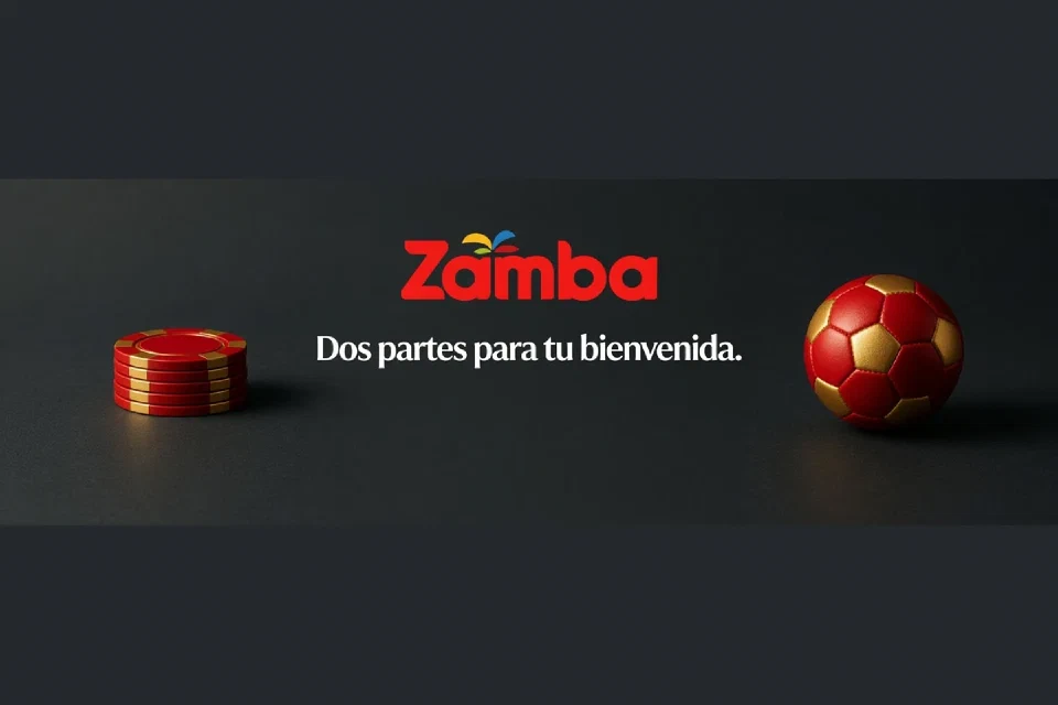 Fichas de casino y balón junto a las palabras Dos partes para tu bienvenida sobre rojo y dorado.