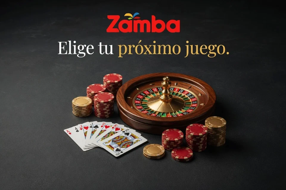 Ruleta, cartas y fichas junto a las palabras Elige tu próximo juego sobre un fondo oscuro.