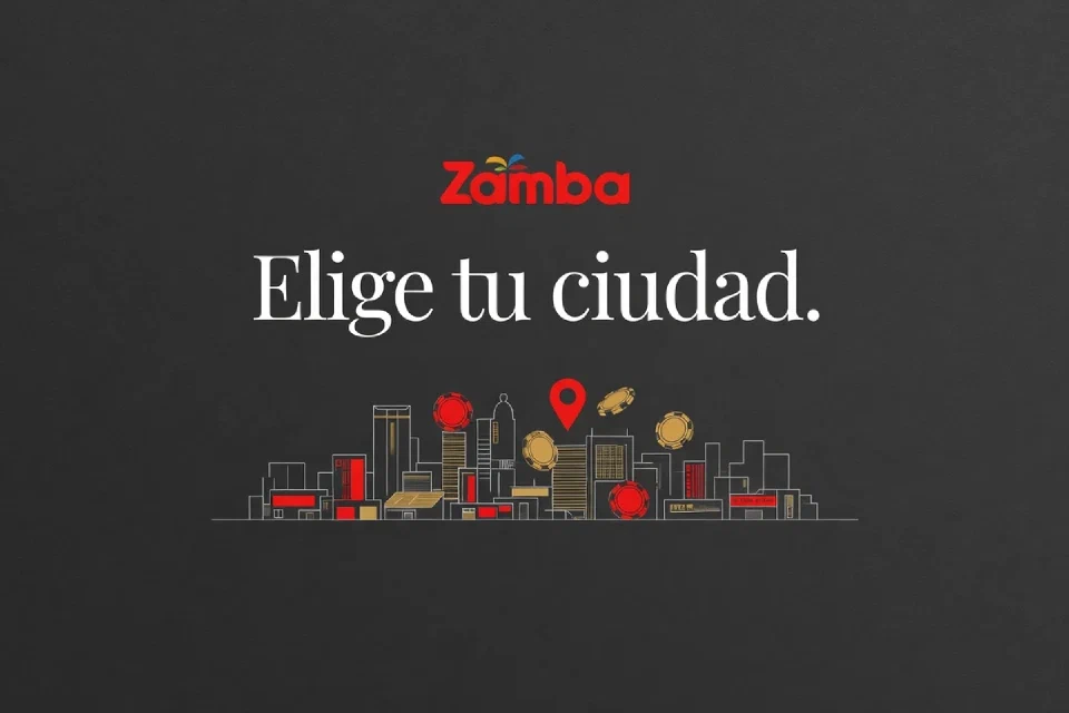 Ilustración conceptual de una ciudad colombiana, fichas y pin de ubicación junto a las palabras Elige tu ciudad.
