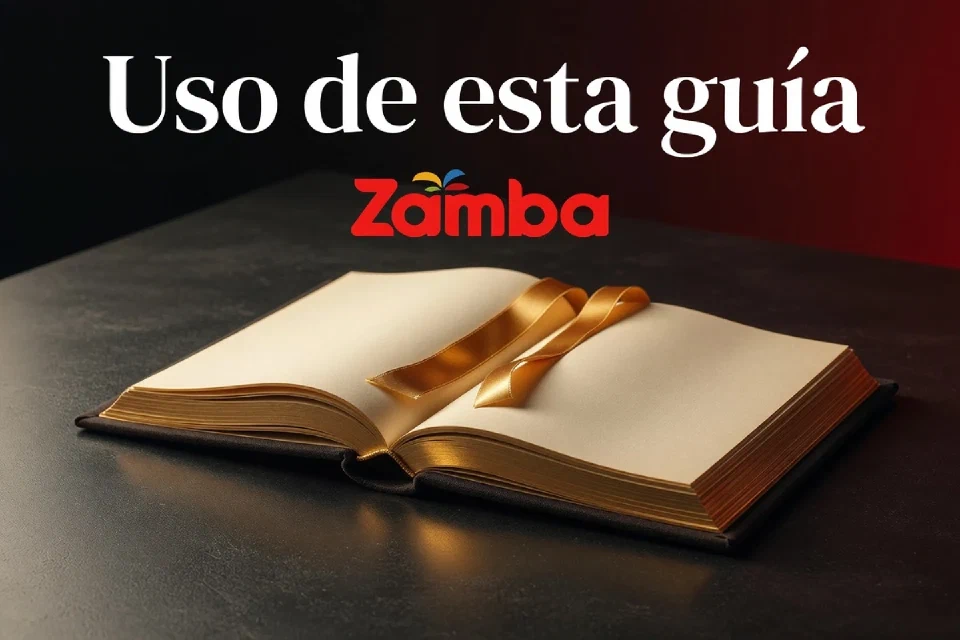 Libro de condiciones y señaladores sobre una mesa oscura junto a las palabras Uso de esta guía.
